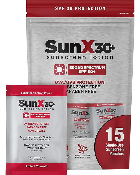 CoreTex Sun X 30+ SPF Broad Spectrum Sunscreen Packets with Resealable Travel Bag - Pack of 15 Paraben, Oxybenzone, Octinoxate, & Oil Free Sunscreen - Water Resistant Up to 80 Minutes