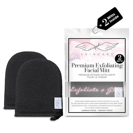 Seraphic Skincare Premium Exfoliating Facial Mitt 2 Pack – 100% Vegan Dual-Sided Face Mitten with Viscose & Washcloth – Facial Scrub Pad for Gentle Cleansing & Exfoliation – Natural Dead Skin Remover