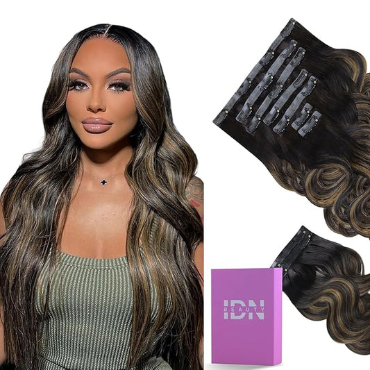 IDN BEAUTY Seamless Clip In Hair Extensions Human Hair Body Wave 130g 1B/6/1B Balayage Natural Black to Chestnut Brown Remy Hair Seamless Clip Ins For Black Women PU Invisible Edge 14 Inch 9pcs