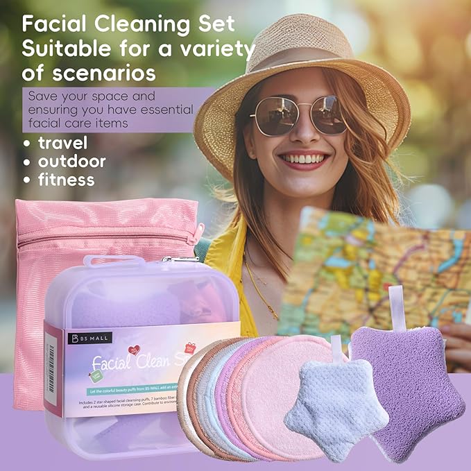 BS-MALL Gentle Facial Sponge -10 Pcs Set Face Clean Sponges Reusable Makeup Removal Pads Clean Deep Down Dirt & Makeup Using Only Water, Gentle Exfoliator Cleansing Puff,with Silicone Travel Bag