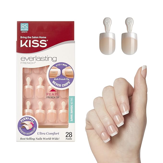 Kiss Everlasting French Nail Manicure, Chip-Free, Flexi-Fit Technology, Real Short, "String of Pearls", Nail Kit with Pink Nail Glue (Net Wt. 2g / 0.07oz), Mini File, Manicure Stick, and 28 Fake Nails