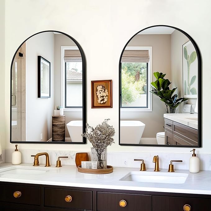 FICTOR Bathroom Mirror for Wall,2 Pack 24”x36” Arched Vanity Bathroom Mirror for Over Sink, Metal Framed with HD Shatter-Proof Glass for Entryway, Living Room,Bedroom(Black)