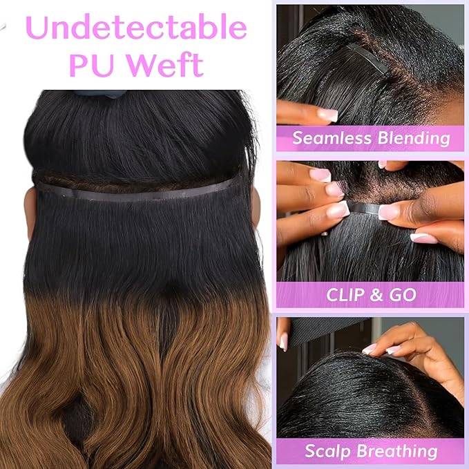 IDN BEAUTY Seamless Clip In Hair Extensions Human Hair 1B/30 Ombre Natural Black to Medium Auburn Body Wave Seamless Clip Ins For Black Women PU Weft Invisible Edge Thick Ends 110g 20 Inch 7pcs