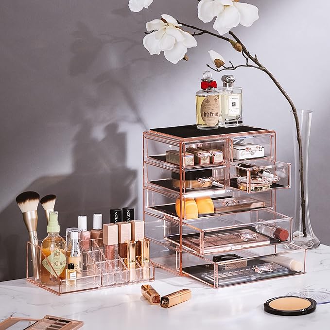 Sorbus Clear Cosmetic Makeup Organizer - Make Up & Jewelry Storage, Case & Display - Spacious Design - Great Holder for Dresser, Bathroom, Vanity & Countertop (3 Large, 4 Small Drawers) [Pink]