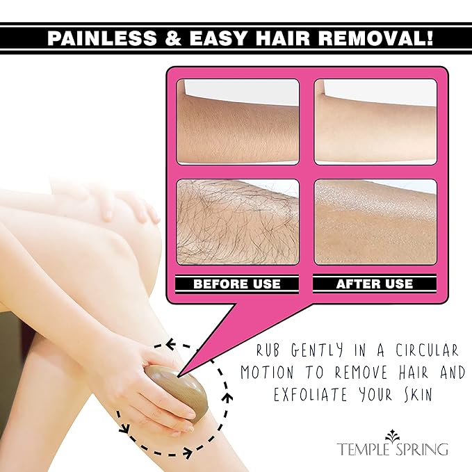 Temple Spring Curved Crystal Hair Remover Stone - Painless Hair Removal for Silky Smooth Legs, Back and Body - Exfoliating Beechwood Stone