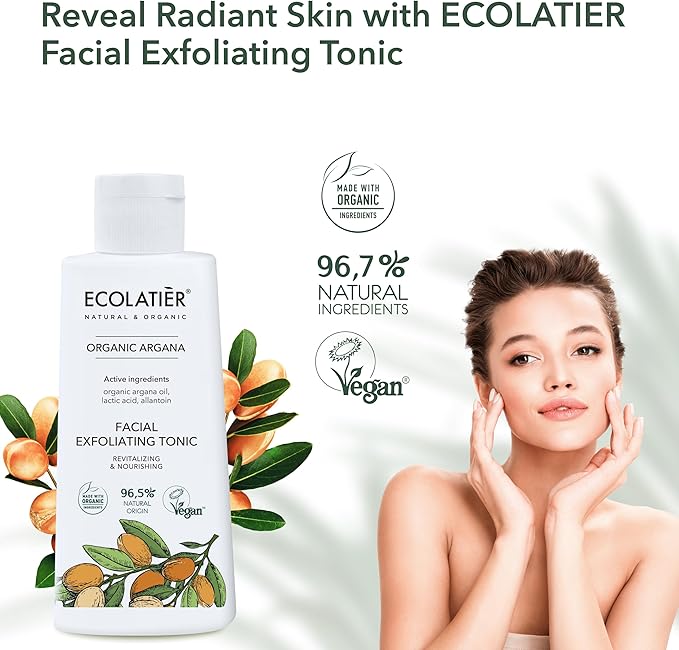 Facial Exfoliating Toner Revitalizing & Nourishing with Organic Argan Oil – Hydrating, Anti-Aging, Vegan, 98% Natural Ingredients for Women & Men - 5.1 Fl Oz / 150ml