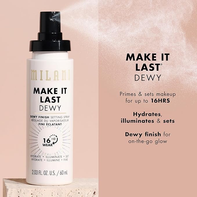 Milani Setting Spray + Primer, Make It Last Dewy - Dewy Finish Moisturizing Formula for Glow on the Go, Setting Spray for Makeup and Face Primer, Prime + Set + Hydrate, 2.03 Fl. Oz - 2 Pack