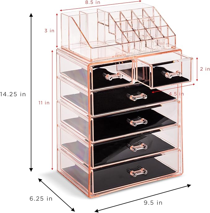 Sorbus Clear Cosmetic Makeup Organizer - Make Up & Jewelry Storage, Case & Display - Spacious Design - Great Holder for Dresser, Bathroom, Vanity & Countertop (4 Large, 2 Small Drawers) [Pink]