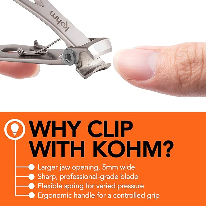 KOHM Nail Clippers for Thick Nails - Heavy Duty, Wide Mouth Professional Fingernail and Toenail Clippers for Men, Women & Seniors, Silver