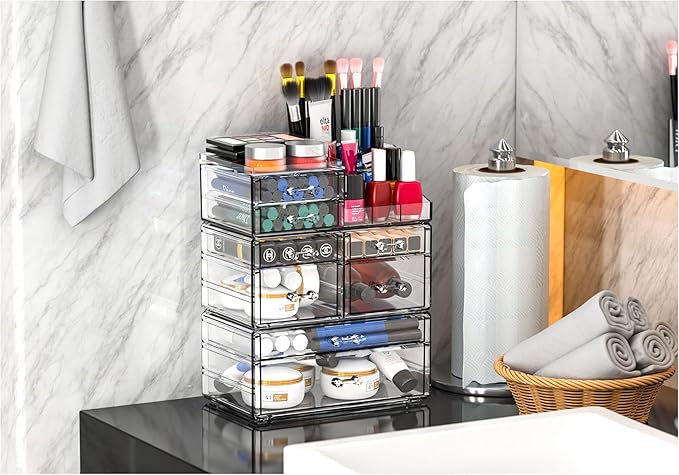 Cq acrylic Clear Make up Organizers for Vanity,Skincare Organizer With 8 Drawers for Dresser,Plastic Cute Desk Accessories Organization and Bathroom Organizers Storage Case Box for Beauty,Skin Care