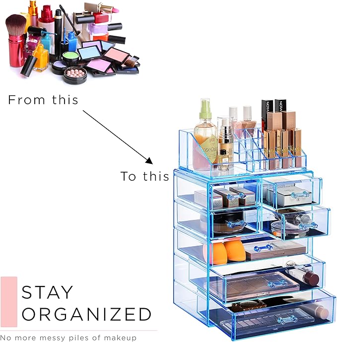 Sorbus Clear Cosmetic Makeup Organizer - Make Up & Jewelry Storage, Case & Display - Spacious Design - Great for Dresser, Bathroom, Vanity & Countertop (3 Large, 4 Small Drawers) [Blue Brilliance]
