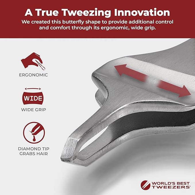 World's Best Tweezers Diamond Butterfly Tweezers - Wide Grip Slant Tip Precision Tweezers for Eyebrow, Facial & Ingrown Hair Removal - Perfectly Aligned Tool for Women&Men - Silver Stainless Steel