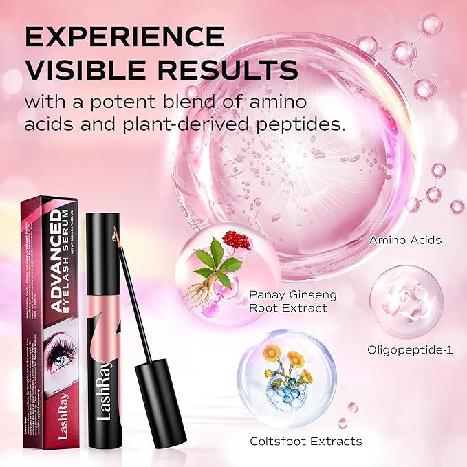 Advanced Lash Serum for Eyelash Growth: LashRay Eye Lash Enhancing Serum to Grow Longer Thicker Eyelashes for Women, 0.1 oz