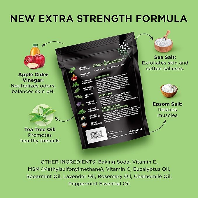 DAILY REMEDY EXTRA STRENGTH Tea Tree Oil Foot Soak w/ Epsom Salt Made in USA Toenails，Athlete's Foot，Itchy Feet，Stubborn Smelly Foot Odor，Pedicure Calluses & Soothes Sore Tired Achy Feet 16 oz，Black