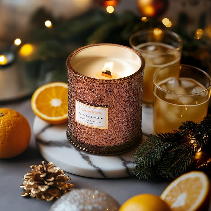 LA JOLIE MUSE Sparkling Cider Mule Candle | Apple Cider, Orange & Amber | 19 oz Wooden Wick | 90-Hour Clean Burn | Vibrant Scent | Gift for Hosts & Tablescapes