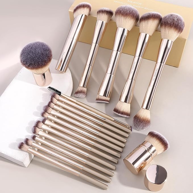 MAANGE 20 Pcs Makeup Brushes with Gift Box, Double-End Multi-functional Makeup Brushes for Blending Liquid Powder Concealer Cream Blush Buffe,Champagne