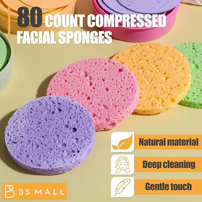 BS-MALL Compressed Facial Sponges - 80-count Reusable Cotton Pads For Face Cleansing,100% Natural Cosmetic Spa Sponges for Facial Cleansing, Soft Travel-friendly With Multi-purpose Daily Use