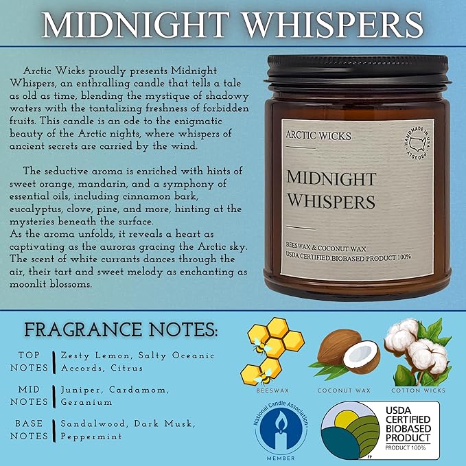Midnight Whispers Scented Candle | 9oz Amber Jar | Arctic Wicks Non-Toxic Coconut & Beeswax Candles | Hand-Poured Clean Burning Candle | Rich Sandalwood Scent | 100% USDA Biobased