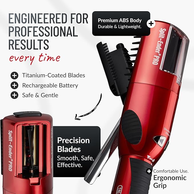 PRO - Original Professional Beauty Tool - Cordless Split End Hair Trimmer for Damaged, Dry, Brittle, Frizzy, Curly or Straight Hair (Red, Professional Kit)