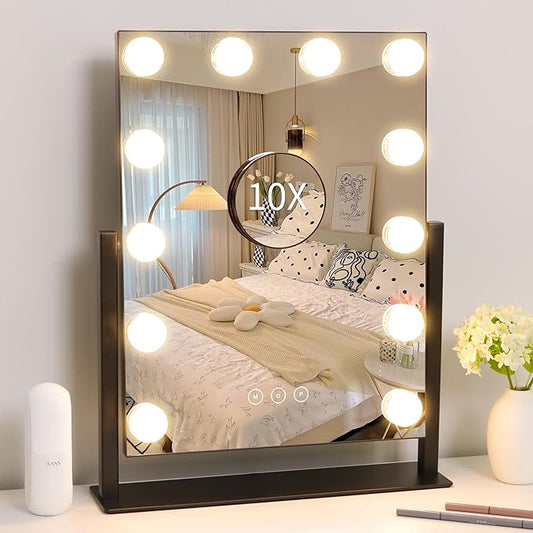 Vanity Mirror with Lights,Lighted Vanity Mirror with 12 Dimmable Bulbs for Dressing Room & Bedroom,3 Color Lighting,Modes Detachable 10x Magnification 360°Ratation