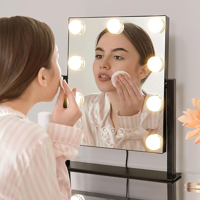 Vanity Mirror with Lights,Lighted Vanity Mirror with 9 Dimmable Bulbs for Dressing Room & Bedroom,3 Color Lighting,Modes Detachable 10x Magnification 360°Ratation (Black) 12" L x 14.4" W