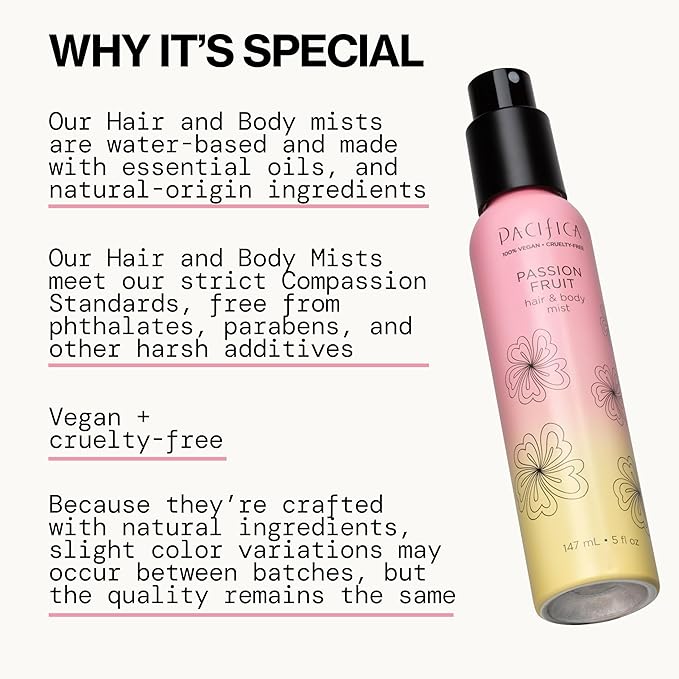 Pacifica Hair Mist Perfume & Full Body Spray for Women - Passion Fruit Body Mist Fragrance w/Pineapple, Orange Blossom, Vanilla, Sandalwood & Bergamot – Alcohol-Free, Vegan & Cruelty-Free, 5 oz