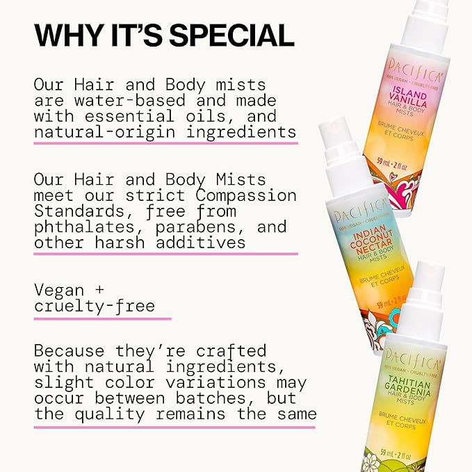 Pacifica Beauty Mini Fragrance Sampler, 3 Island Vanilla Scents - Hair Perfume & Body Spray Gift Set, Vegan & Cruelty Free