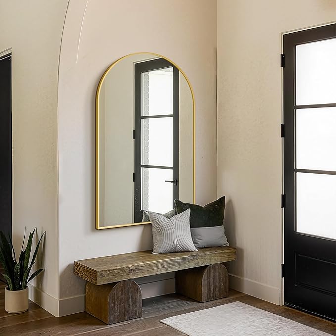 FICTOR Bathroom Vanity Mirror for Wall,50”x30” Large Arched Bathroom Mirror, Metal Framed with HD Shatter-Proof Glass for Entryway, Living Room,Bedroom, Wall Mounted or Leaned Against(Gold)