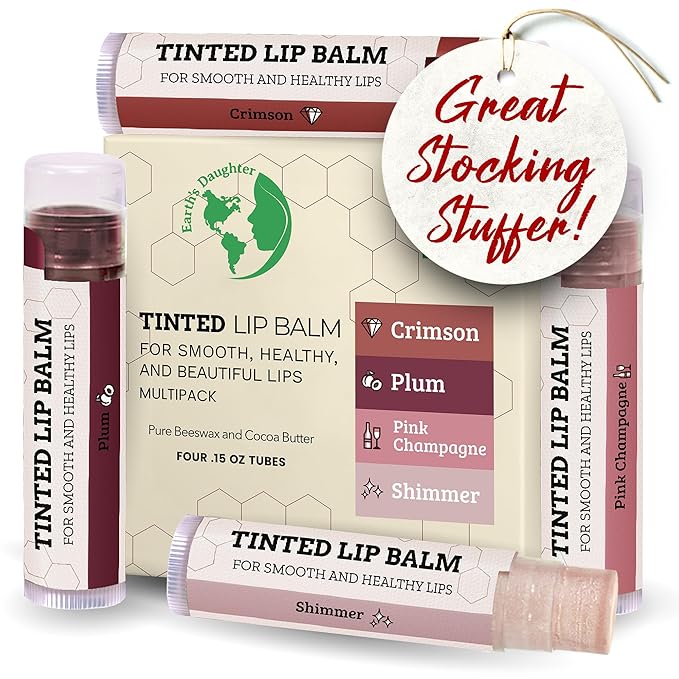 Earth's Daughter Tinted Lip Balm 4 Pack Stocking Stuffers of Assorted Colors - Beeswax, Coconut Oil, Cocoa Butter, Vitamin E - Moisturize and Beautify - Paraben Free