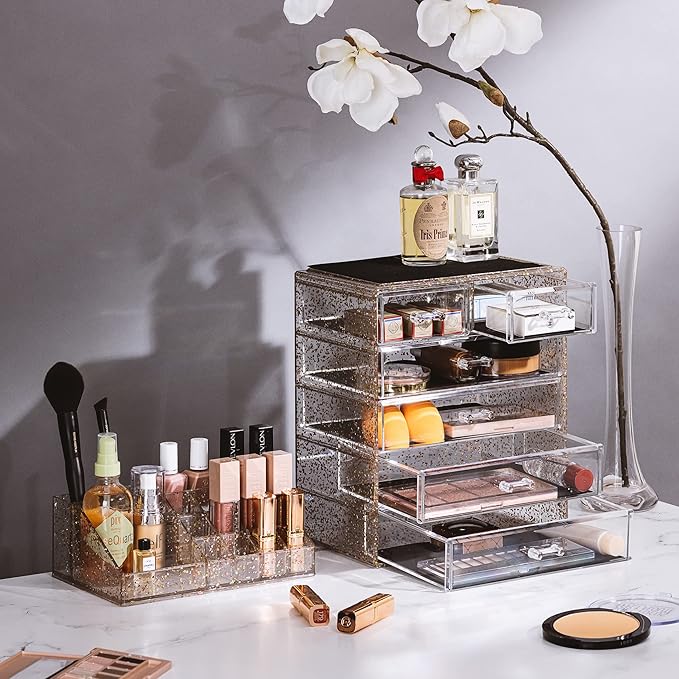 Sorbus Clear Cosmetic Makeup Organizer - Make Up & Jewelry Storage, Case & Display - Spacious Design - Great Holder for Dresser, Bathroom, Vanity & Countertop (4 Large, 2 Small Drawers) [Glitter]
