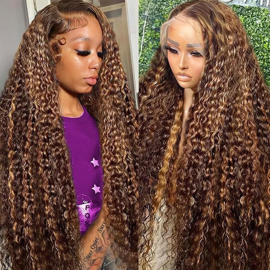 Highlight Ombre Lace Front Wigs Human Hair Honey Blonde Deep Wave 13x6 HD Transparent Lace Frontal Wigs Human Hair P4/27 Colored Curly Wig for Women 180% Density Glueless Pre Plucked 32 Inch Wig