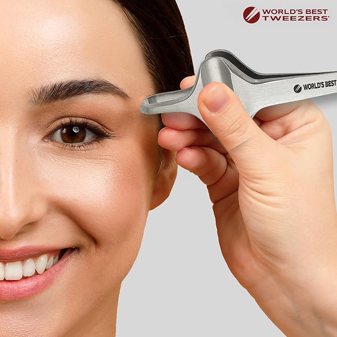World's Best Tweezers Diamond Butterfly Tweezers - Wide Grip Slant Tip Precision Tweezers for Eyebrow, Facial & Ingrown Hair Removal - Perfectly Aligned Tool for Women&Men - Silver Stainless Steel