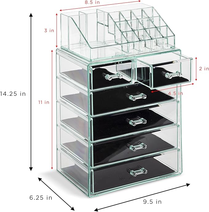 Sorbus Clear Cosmetic Makeup Organizer - Make Up & Jewelry Storage, Case & Display - Spacious Design - Great Holder for Dresser, Bathroom, Vanity & Countertop (4 Large, 2 Small Drawers) [Teal Thrill]