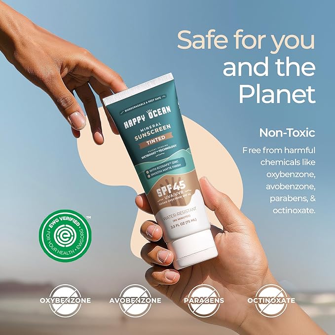 SPF 45 Tinted Mineral Sunscreen with Non-Nano Zinc Oxide for Face and Body, Fragrance Free, Reef Safe Biodegradable Sunscreen, Tinted Mineral Moisturizer, Water Resistant, 2.5 Fl oz