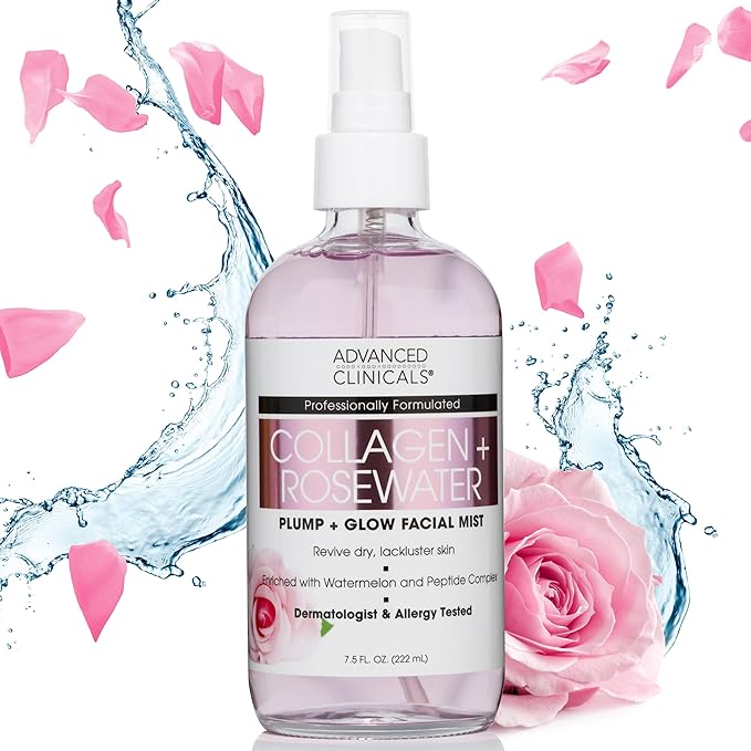 Advanced Clinicals Collagen Rosewater Face Mist Skin Care Reviving & Hydrating Facial Mist for Face | Instant Hydration Face Spray Toner with Pure Rose Water, Collagen, & Natural Extracts, 7.5 Fl Oz