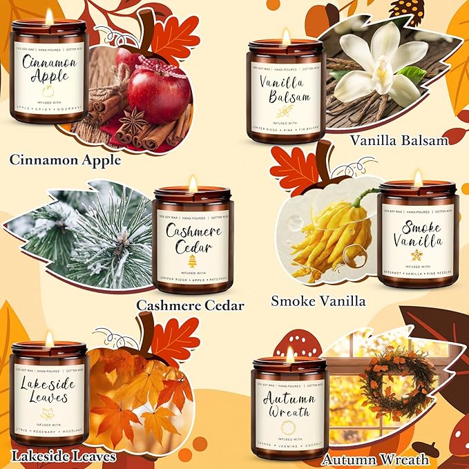 6 Pack Fall Scented Candles for Home, Candles Gifts Sets for Women Men Birthday Thanksgiving Day Merry Christmas, 7.1Oz Large Jar | Long Lasting Soy Wax Candles with Cinnamon Apple, Smoke Vanilla
