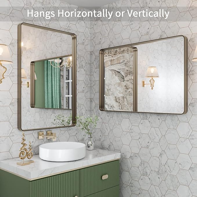 LOAAO 24”X36” Bronze Bathroom Mirrors for Vanity, Rounded Rectangle Brushed Bronze Metal Frame Mirror, Anti-Rust, Hangs Horizontally or Vertically
