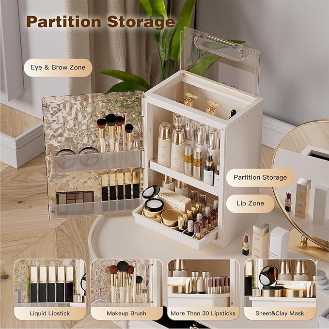 Makeup Organizer with Drawers,Skincare Organizer for Vanity,Large Cosmetic Display Case with Handle,Storage Organizers with Cover and Makeup Brush Holder for Dresser, Bathroom Countertop