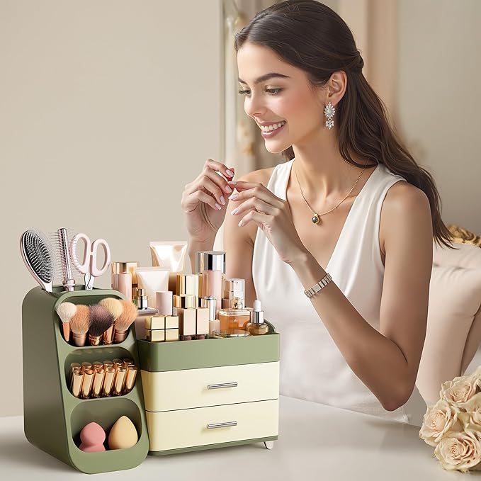 HBlife Makeup Organizer with Brush Holder for Vanity, Large Plastic Bathroom Countertop Organizer Skin Care Storage, Easy to Store Lipsticks, Nail Polishes, Perfumes, Eyeshadow Palettes, Mix Green