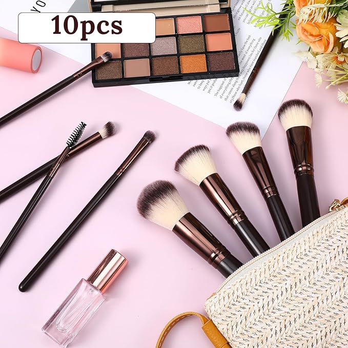 Makeup Brush Sets 10 Pcs Make Up Brushes for Women Wooden Handle Soft Synthetic Bristles Professional Complete Makeup Brushes for Face Foundation Concealer Blush Eyeshadow Brown for Women Girls