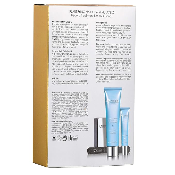 Dead Sea Premier Beautifying Nail Kit Milk and Honey - Salon Quality Manicure, hand & Body Lotion, Cuticle Oil, Nail File, 3 step Buffing Block
