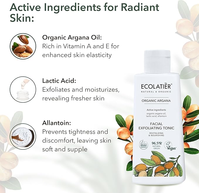 Facial Exfoliating Toner Revitalizing & Nourishing with Organic Argan Oil – Hydrating, Anti-Aging, Vegan, 98% Natural Ingredients for Women & Men - 5.1 Fl Oz / 150ml