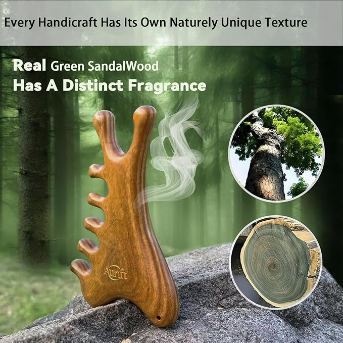 4-in-1 Gua Sha Tool for Face & Body, Natural Green Sandalwood – Lymphatic Drainage, Jaw Lifting & Nose Sculpting, Head Massage Comb for Stress Relief, Home Office Self Care Gifts for Mom Girl Friend