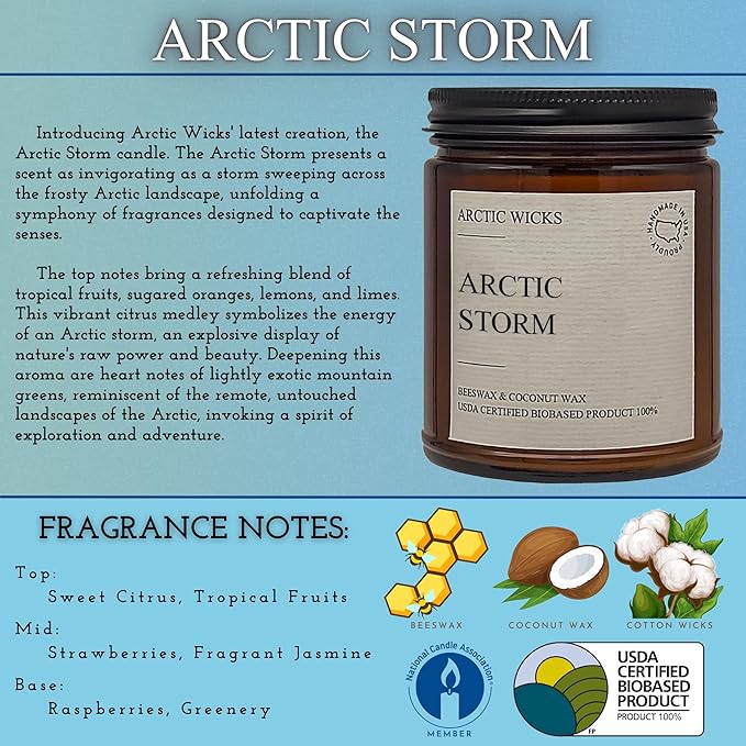 Arctic Wicks Scented Coconut Beeswax Candles | Coconut Beeswax Non Toxic Candle 9oz Amber | Farmhouse Candles Non-Toxic Clean Burn 100% USDA Certified Biobased (Arctic Storm)