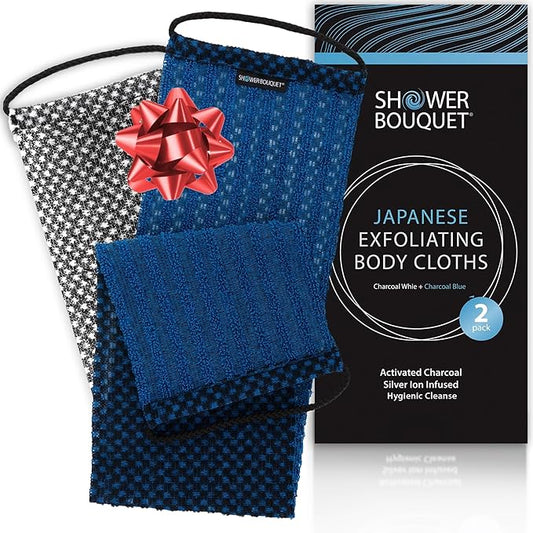 Japanese Exfoliating Washcloth for Back & Body - Charcoal & Silver Ion Exfoliating Towel - Two-Sided Gentle Exfoliation