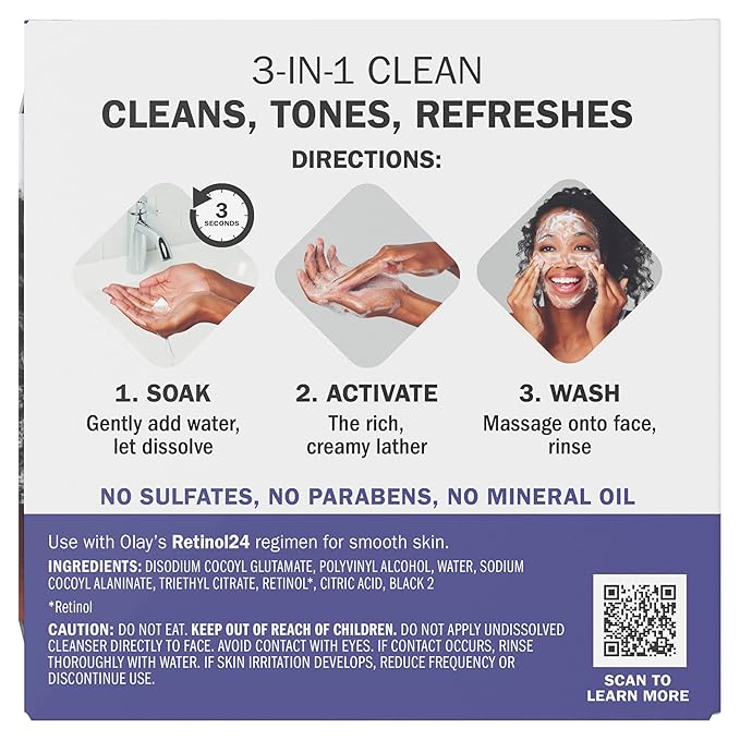 Olay Face Wash, Retinol Cleansing Melts, Fragrance-Free, Daily Use Gentle Cleanser, For All Skin Types, Travel Size, Water-Activated to Clean, Tone, and Refresh, 64ct (2 Pack x 32ct)