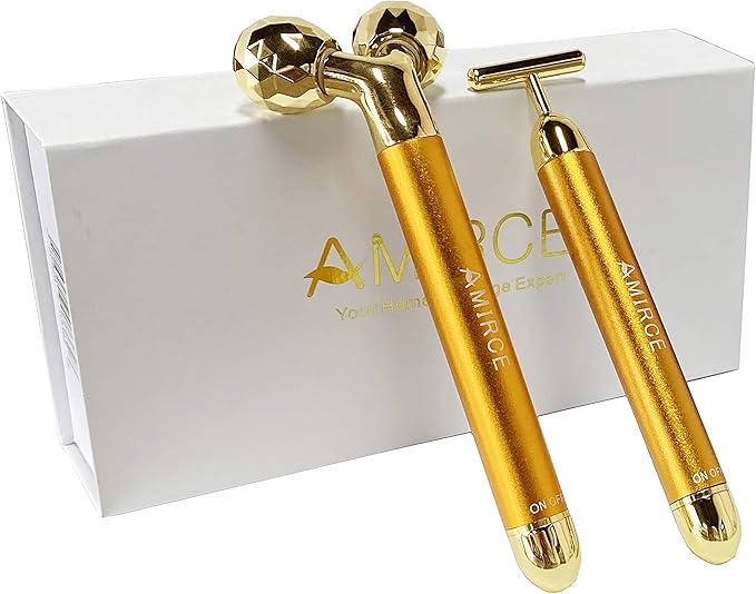 Amirce Face Massager Roller Golden 3D Roller Electric Facial Roller and T Shape Facial Roller Massager Kit Face Rollers