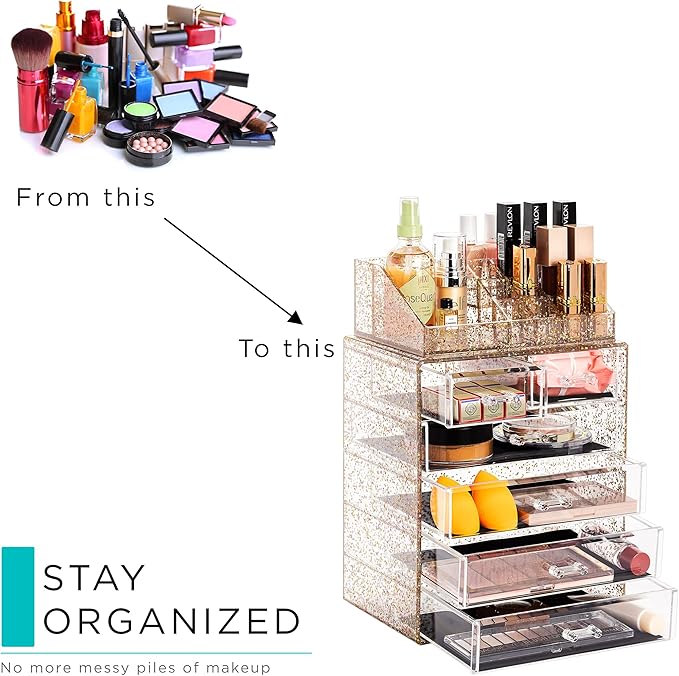 Sorbus Clear Cosmetic Makeup Organizer - Make Up & Jewelry Storage, Case & Display - Spacious Design - Great Holder for Dresser, Bathroom, Vanity & Countertop (4 Large, 2 Small Drawers) [Glitter]
