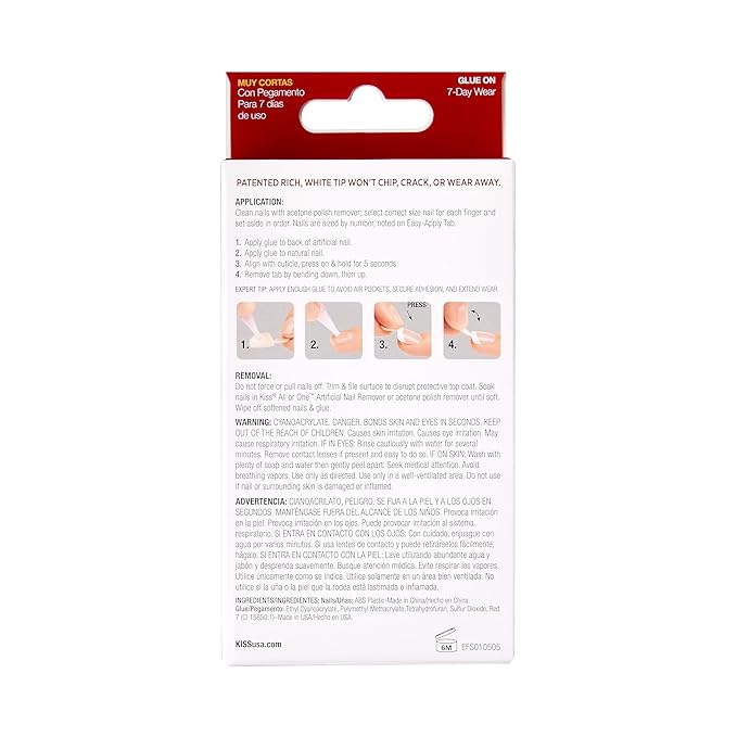 Kiss Everlasting French Nail Manicure, Chip-Free, Flexi-Fit Technology, Real Short, "String of Pearls", Nail Kit with Pink Nail Glue (Net Wt. 2g / 0.07oz), Mini File, Manicure Stick, and 28 Fake Nails