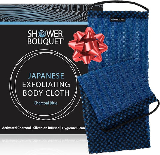 Japanese Exfoliating Washcloth for Back & Body - Charcoal & Silver Ion Exfoliating Towel - Two-Sided Gentle Exfoliation